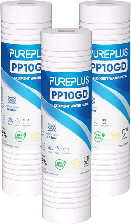 PUREPLUS 5 Micron 10" x 2.5" Whole House Grooved Sediment Home Water Filter, Replacement Cartridge for Any 10 inch RO Unit, AO-WH-PREV-R2, AP110, WHKF-G05, AB-SGR5M, GXWH20S, WFPFC5002, CFS10, 3Pack