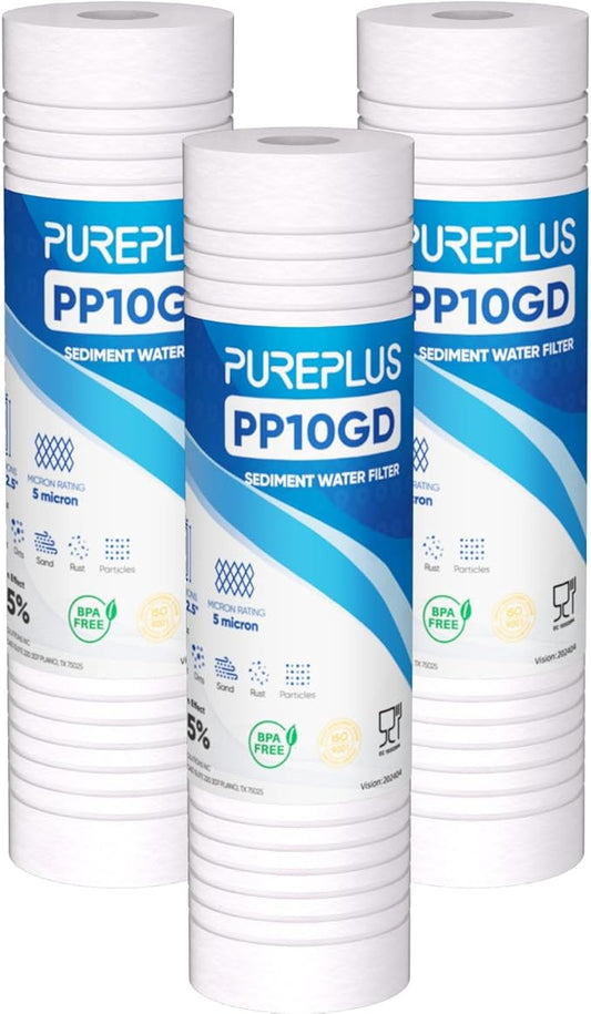 PUREPLUS 5 Micron 10" x 2.5" Whole House Grooved Sediment Home Water Filter, Replacement Cartridge for Any 10 inch RO Unit, AO-WH-PREV-R2, AP110, WHKF-G05, AB-SGR5M, GXWH20S, WFPFC5002, CFS10, 3Pack