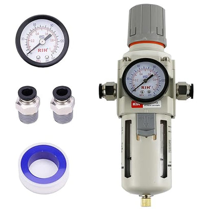 RIH Pneumatics 1/2"NPT Air Filter Pressure Regulator Combo Piggyback, 5 Micron Brass Element, Poly Bowl, Semi-Auto Drain, Metal Bracket, 0-150 psi Gauge Air Tool Compressor Filter with Gauge (1/2"NPT)
