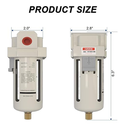 AIRZOE 1/2" NPT Air Dryer for Compressor - Air Compressor Water Separator AF4000-04, Manual Drain,5 Micron Brass Element, Poly Bowl