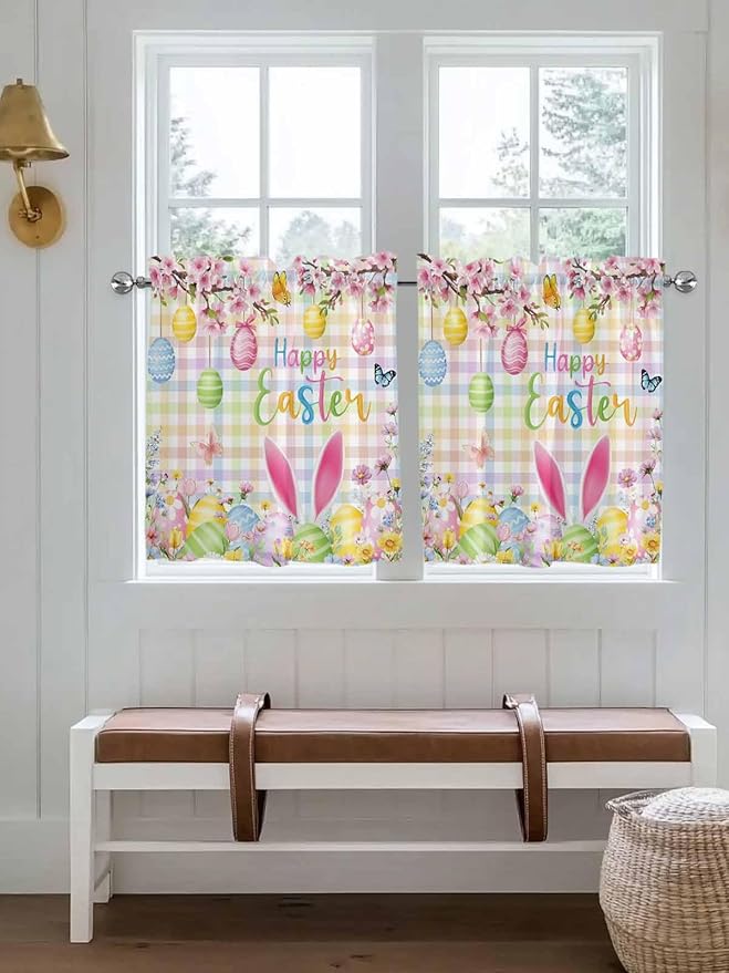 Happy Easter Half Window Curtains 24 Inches Long, Spring Bunny Colorful Eggs Flower Plaid Window Treatment Curtain Drapes, Short Curtains Tiers for Kitchen Over Sink, 27.5"x24", 2 Panels