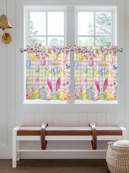 Happy Easter Half Window Curtain 36 Inches Long, Spring Bunny Colorful Eggs Flower Plaid Window Treatment Curtain Drapes, Small Tier Curtains for Bathroom Over Sink, 27.5"x36", 2 Panels