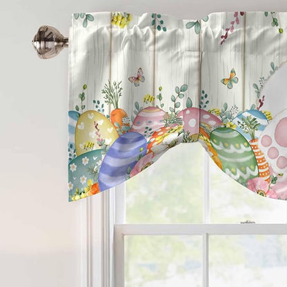 Easter Tie Up Valance Curtains for Windows, Kitchen Curtains Window Shades, Spring Rabbit Ears Foot Colorful Eggs Leaf Floral Light Filtering Roman Curtain Valances for Bedroom/Bathroom/Cafe 60"x18"