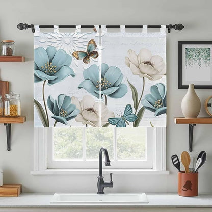 Blue Tulips Kitchen Curtains 45 Inch Length, Short Cafe Window Curtains Tab Top, Watercolor Flowers Butterfly Spring Farmhouse Blue Light Filtering Window Treatments Tier Drapes 27.5"x45" 2 Panel