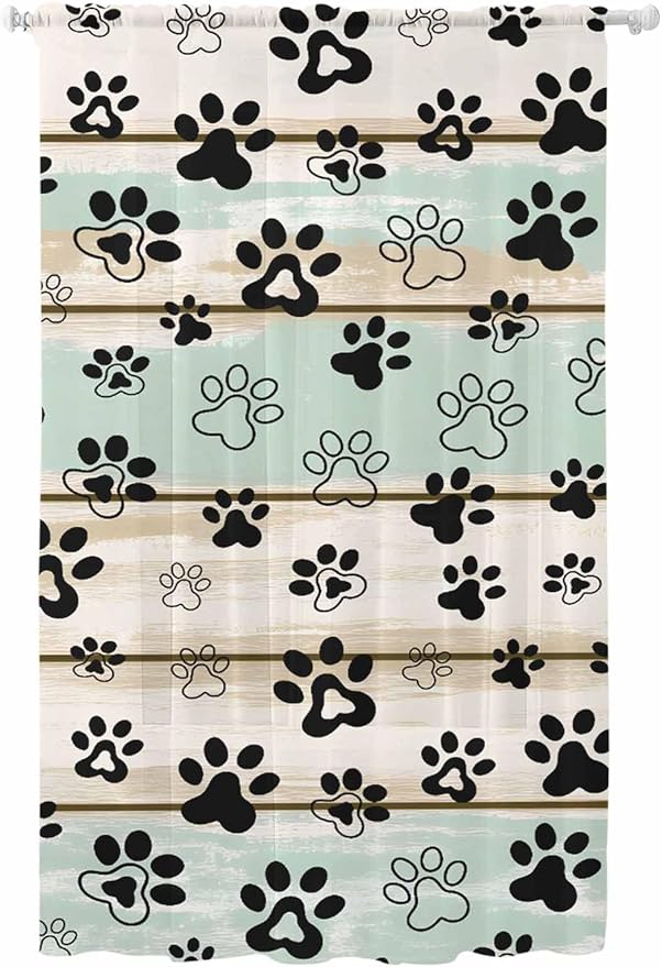 Sheer Curtains 108 Inches Long, Sage Green Beige Farmhouse Semi Sheer Curtains Light Filtering Window Treatment, Black Dog Paw Vintage Wooden Privacy Voile Drapes for Living Room Bedroom 52x108 Inch