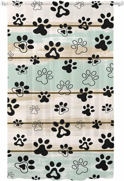 Sheer Curtains 108 Inches Long, Sage Green Beige Farmhouse Semi Sheer Curtains Light Filtering Window Treatment, Black Dog Paw Vintage Wooden Privacy Voile Drapes for Living Room Bedroom 52x108 Inch