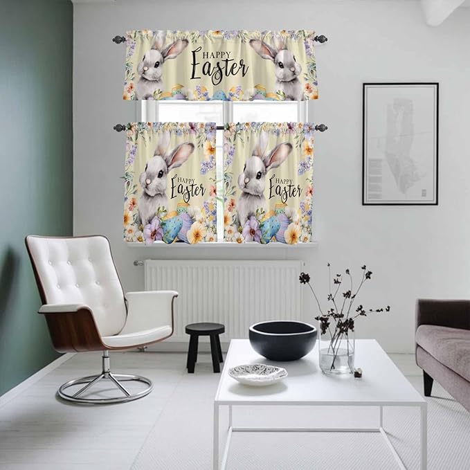 Happy Easter Kitchen Curtains Set 3 Piece for Windows,Rod Pocket Valance and Tier Set 24 Inch Length,Spring Grey Bunny Colorful Eggs Flower Brown Light Filtering Cafe Curtains for Living Room