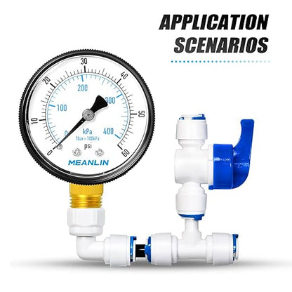 MEANLIN MEASURE 1/4" NPT 0-60Psi 2" FACE DIAL Swimming Pool Water Pressure Gauge Lower Mount, with 1/4" x 1/2" NPT and 1/4" x 3/8" NPT Hex Bushing