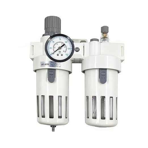 XingNEeng 1/2" NPT Compressed Air Filter Regulator Lubricator (FRL) Combo, Water/Oil Trap Separator, Air Pressure Regulator with Pressure Gauge(0-150 psi), Semi-Auto Drain, Poly Bowl, Metal Bracket