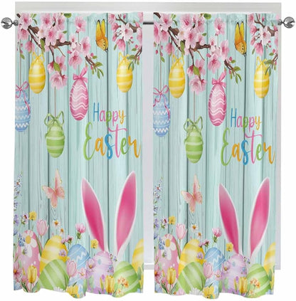 Happy Easter Bedroom Curtains 63 Inches length, Spring Bunny Eggs Flower Teal Wood Grain Window Treatment Curtain Drapes, Rod Pocket Curtain Panels for Living Room Kitchen, 42"x63", 2 Panels