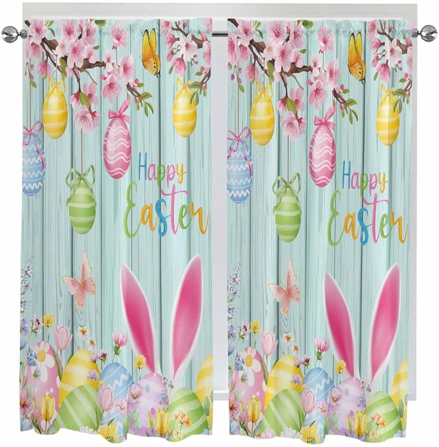 Happy Easter Living Room Curtains 72 Inches length, Spring Bunny Eggs Flower Teal Wood Grain Window Treatment Curtain Drapes, Light Filtering Drapes for Bedroom Laundry Room, 52"x72", 2 Panels