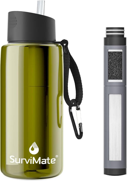 SurviMate 5-Stage 0.01μm Ultra-Filtration Filtered Water Bottle, BPA-Free Material, NSF/ANSI 42&372 Certified, Portable Water Filter Bottle for Survival, Camping, Hiking, and Emergency Use