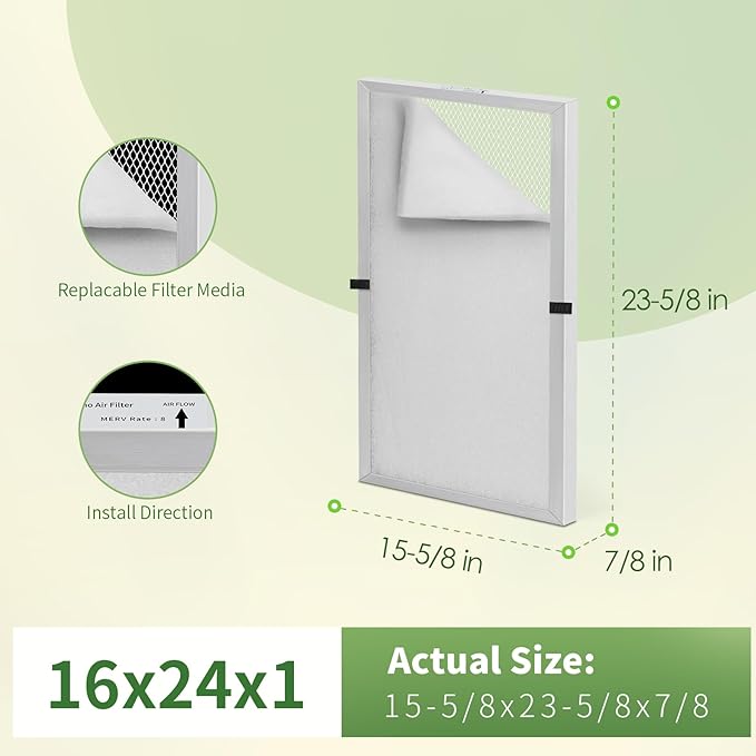 16x24x1 Reusable Air Filter MERV 8 Washable Furnace & AC Filter with 2 Extra Media Pads, Aluminum Electrostatic Air Filters for Home, Fits HVAC System, Air Conditioner, Air Handler