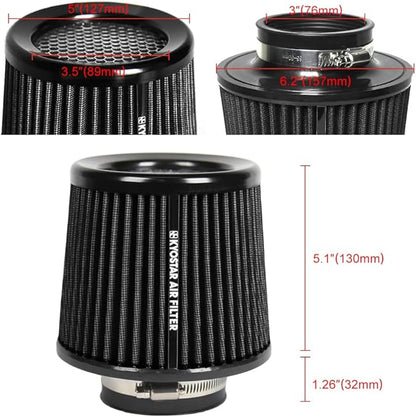 KYOSTAR Universal 3" (76mm) High-Flow Air Filter, Reusable Cone Cold Air Intake, High Performance, Washable, Clamp-On Car High Flow Dry Air Kit, Flange Diameter: 3 Inch, Filter Height: 6.4 Inch, Black