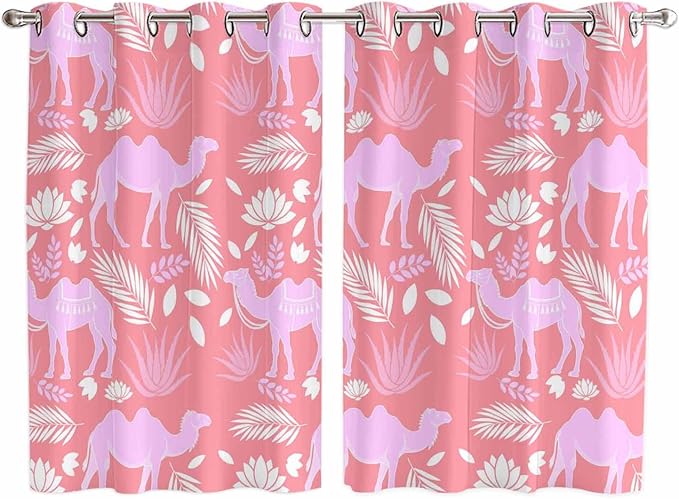 2 Panel Kitchen Cafe Curtains, Desert Camel Sunlight Filtering Nature Air Through, Window Decor Tier Curtains for Living Room 104W x 72L inch Vintage Sand Camel Leaves Flower Pattern Pink