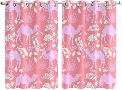 2 Panel Kitchen Cafe Curtains, Desert Camel Sunlight Filtering Nature Air Through, Window Decor Tier Curtains for Living Room 104W x 72L inch Vintage Sand Camel Leaves Flower Pattern Pink