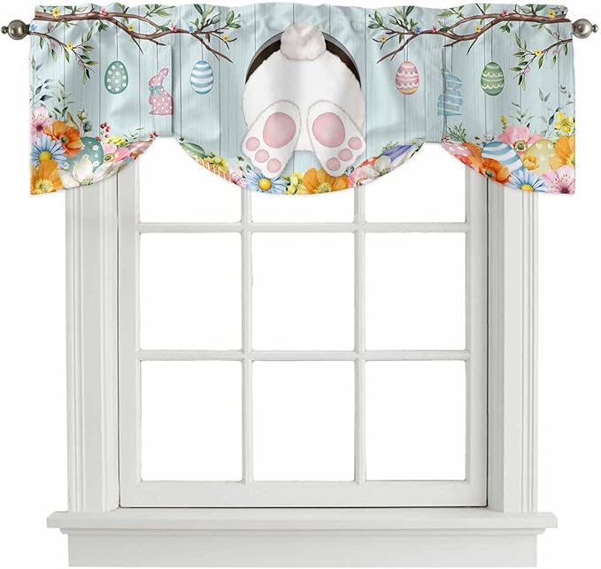 Easter Bunny Tie Up Valance Curtains for Windows, Kitchen Curtains Window Shades, Easter Eggs Spring Farmhouse Wood Grain Teal Blue Light Filtering Curtain Valances for Bedroom/Bathroom/Cafe 42"x18"