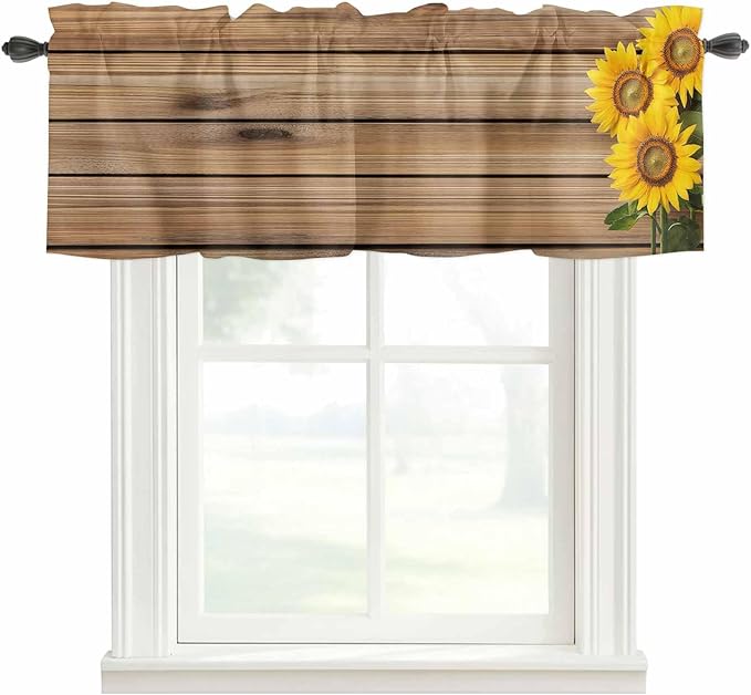 Kitchen Valances for Window, Farm Sunflower on Vintage Wood Grain Light Filtering Rod Pocket Valance Curtain, Spring Country Plant Short Curtains Window Topper for Bedroom Living Room 42x12in