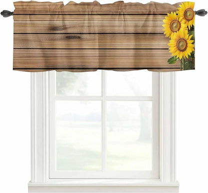 Kitchen Valances for Window, Farm Sunflower on Vintage Wood Grain Light Filtering Rod Pocket Valance Curtain, Spring Country Plant Short Curtains Window Topper for Bedroom Living Room 42x12in