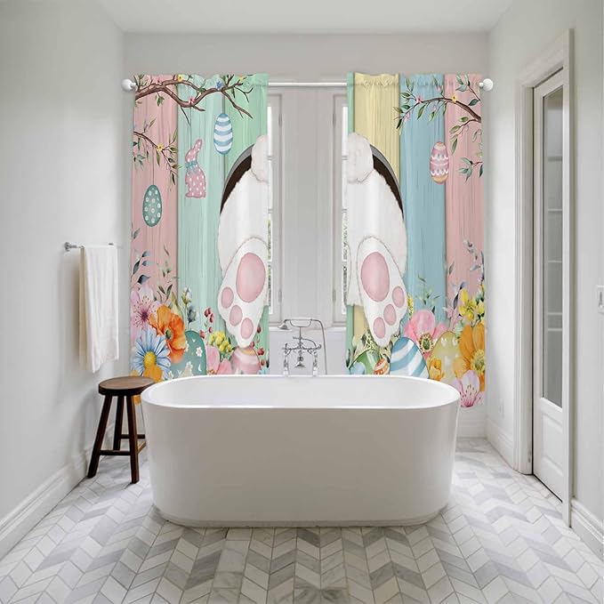Easter Window Curtains 72 Inch Long 2 Panel Set, Rod Pocket Long Curtains & Drapes, Spring Colorful Bunny Eggs Flower Wood Grain Light Filtering Window Treatment for Bedroom Living Room 52"W x 72"L