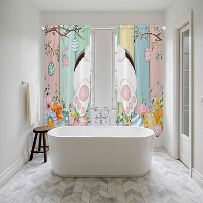 Easter Window Curtains 72 Inch Long 2 Panel Set, Rod Pocket Long Curtains & Drapes, Spring Colorful Bunny Eggs Flower Wood Grain Light Filtering Window Treatment for Bedroom Living Room 52"W x 72"L