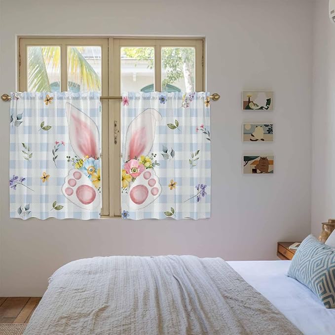 Easter Kitchen Curtains 45 Inch Long 2 Panel Set, Rod Pocket Window Treatment, Spring Rabbits Ears Feet Floral Blue Lattice Light Filtering Short Curtains & Drapes for Bathroom Laundry 52"W x 45"L