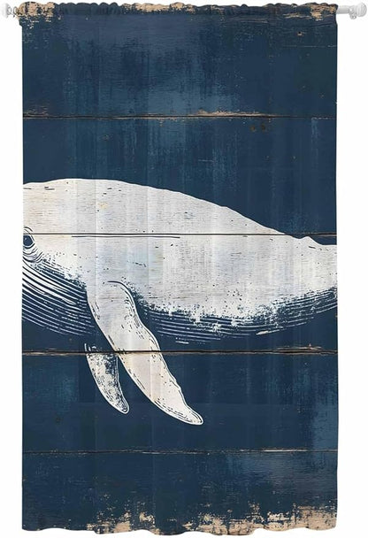 Sheer Curtains 84 Inches Long, Ocean Whale Blue Semi Sheer Curtains Light Filtering Window Treatment, Watercolor Coastal Vintage Wood Grain Privacy Voile Drapes for Living Room Bedroom 52x84 Inch