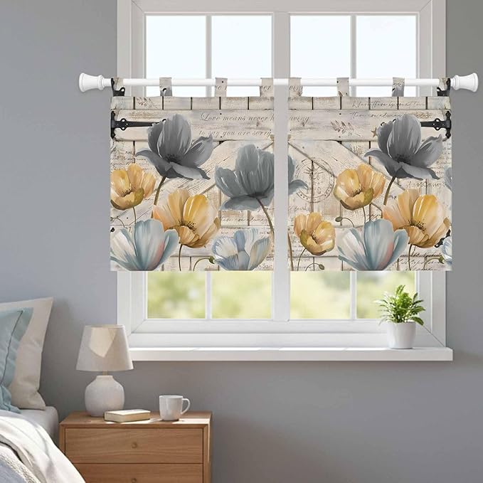 Spring Tulips Flower Kitchen Curtains 24 Inch Length, Small Window Curtains Tab Top, Vintage Floral Barn Doors Rustic Beige Light Filtering Short Window Treatments Tier Drapes 27.5"x24" 2 Panel
