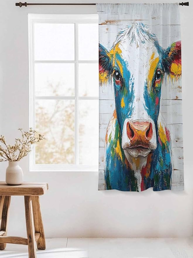 Sheer Curtains 72 Inches Long, Rustic Cow Semi Sheer Curtains Light Filtering Window Treatment, Vintage Colorful Animals Art Wooden Grain Privacy Voile Drapes for Living Room Bedroom 52x72 Inch