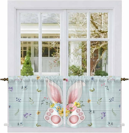 Easter Kitchen Tier Curtains 36 Inch Long 2 Panel Set,Rod Pocket Half Window Curtains Over Sink,Spring Rabbits Ears Feet Flowers Wooden Grain Light Filtering Short Drapes Cafe 27.5"W x 36"L