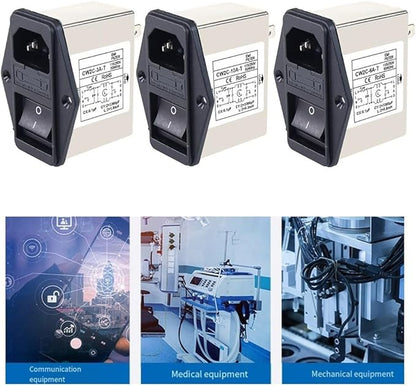 IEC Power Filter, Inlet Power Socket, IEC Socket Power Filter with Built-in Fuse and Rocker Switch, Noise Suppression, Compatible with CW2C-3A-T/CW2B-6A-T/CW2B-10A-T (CW2C-6A-T)