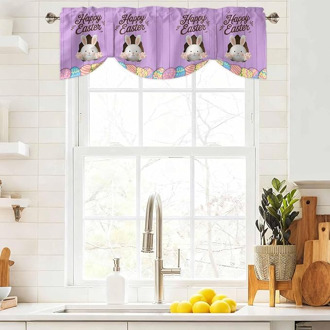 Purple Easter Tie Up Valance Curtains for Windows, Kitchen Curtains Window Shades, Spring Cartoon Bunny Colorful Eggs Wood Grain Light Filtering Curtain Valances for Bedroom/Bathroom/Cafe 60"x18"