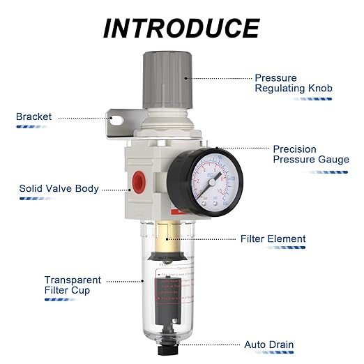 AIRZOE 1/4"NPT Air Filter Regulator Combo Piggyback,5 Micron Brass Element, Auto Drain,Air Pressure Regulator AW2000-02,0-150 psi Gauge