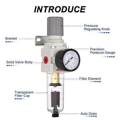 AIRZOE 1/4"NPT Air Filter Regulator Combo Piggyback,5 Micron Brass Element, Auto Drain,Air Pressure Regulator AW2000-02,0-150 psi Gauge