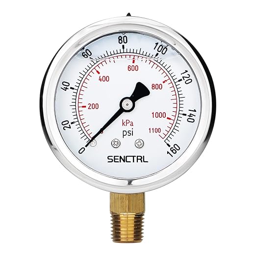 SENCTRL 0-160 Psi Glycerin Liquid Filled Air Pressure Gauge, 2.5" Dial Size, 1/4" NPT Lower Mount, Stainless Steel Case, Water Pump, Tire, Large Air Compressor, Well Pump, RV Regulator Pressure Test