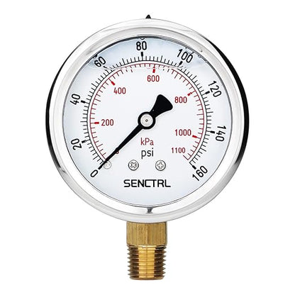 SENCTRL 0-160 Psi Glycerin Liquid Filled Air Pressure Gauge, 2.5" Dial Size, 1/4" NPT Lower Mount, Stainless Steel Case, Water Pump, Tire, Large Air Compressor, Well Pump, RV Regulator Pressure Test