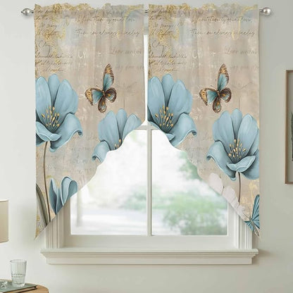 Spring Flowers Swag Valances for Windows, Vintage Rustic Tulips Floral Butterfly Khaki Rod Pocket Kitchen Curtains Valance, Kitchen Window Curtains Swag for Cafe Living Room, 2 Panels, 36x63 inch