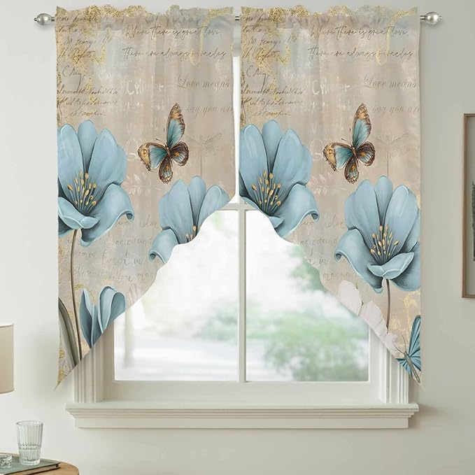 Spring Flowers Swag Valances for Windows, Vintage Rustic Tulips Floral Butterfly Khaki Rod Pocket Kitchen Curtains Valance, Small Window Curtains Swag for Cafe Living Room, 2 Panels, 28x36 inch
