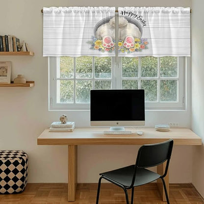 Easter Bunny Kitchen Tier Curtains 36 Inch Long 2 Panel Set,Rod Pocket Half Window Curtains Over Sink,3D Optical Illusion Farmhouse Flower Wood Grain Light Filtering Short Drapes Cafe 27.5"W x 36"L