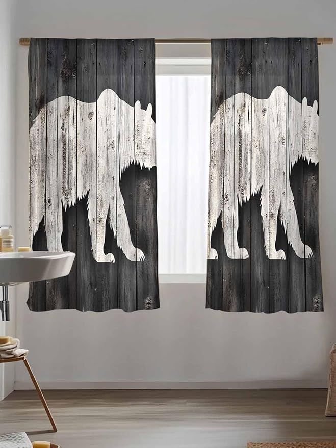 Sheer Curtains 63 Inch Length, White Brown Bear Semi Sheer Curtains Light Filtering Window Treatment, Farmhouse Country Rustic Wooden Grain Privacy Voile Drapes for Living Room Bedroom 52x63 Inch