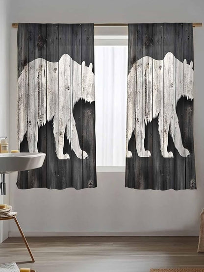 Sheer Curtains 63 Inch Length, White Brown Bear Semi Sheer Curtains Light Filtering Window Treatment, Farmhouse Country Rustic Wooden Grain Privacy Voile Drapes for Living Room Bedroom 52x63 Inch
