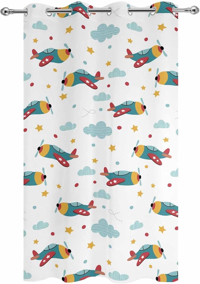 Turquoise Airplane Waterproof Outdoor Curtains for Patio, Windproof Weatherproof Curtains with Weighted Hem, Modern Art Cartoon Aircraft Clouds Light Filtering Privacy Drapes for Porch 54"x 108"