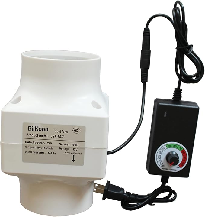 Inline Duct Fan 3 Inch Ventilation Exhaust Booster Variable Powerful 32 Cfm Quiet Fan Filter Duct Kit 7W 12V Extractor Blower for Grow Tent