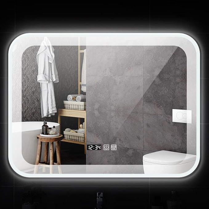 Bathroom Mirror with LED Light and Demister Pad Wall Mounted Mirror Makeup Shaving Mirror Smart Touch Switch (White 700 * 900mm)