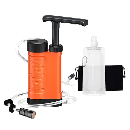 Portable Water Filter Pump, 0.01 Micron Manual Survival Water Purifier for Camping Hiking Backpacking Emergency, Fast Flow Removes Harmful Substances & Sediment (K8188-Orange)