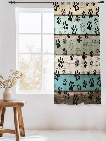 Sheer Curtains 72 Inches Long, Sage Green Brown Paw Prints Semi Sheer Curtains Light Filtering Window Treatment, Vintage Farmhouse Wooden Grain Privacy Voile Drapes for Living Room Bedroom 52x72 Inch