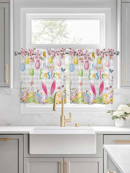 Happy Easter Half Window Curtains 24 Inches Long, Spring Watercolor Bunny Eggs Flower Grey Plaid Window Treatment Curtain Drapes, Short Curtains Tiers for Kitchen Over Sink, 27.5"x24", 2 Panels