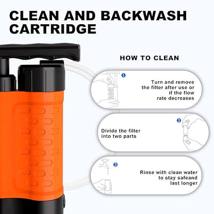 Portable Water Filter Pump, 0.01 Micron Manual Survival Water Purifier for Camping Hiking Backpacking Emergency, Fast Flow Removes Harmful Substances & Sediment (K8188-Orange)
