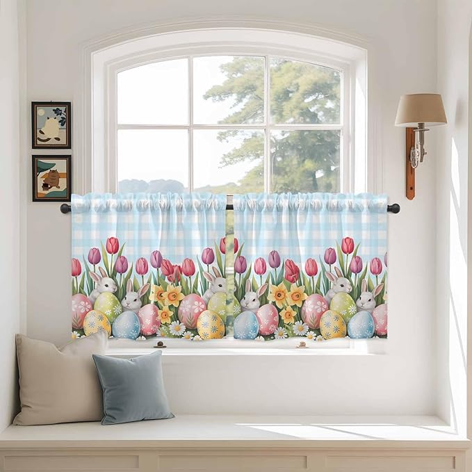 Easter Kitchen Tier Curtains 24 Inch Long 2 Panel Set,Rod Pocket Cafe Small Window Curtains Over Sink,Spring Bunny Colorful Eggs Tulip Flowers Blue Check Light Filtering Short Drapes 27.5"W x 24"L