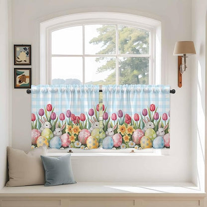 Easter Kitchen Tier Curtains 24 Inch Long 2 Panel Set,Rod Pocket Cafe Small Window Curtains Over Sink,Spring Bunny Colorful Eggs Tulip Flowers Blue Check Light Filtering Short Drapes 27.5"W x 24"L